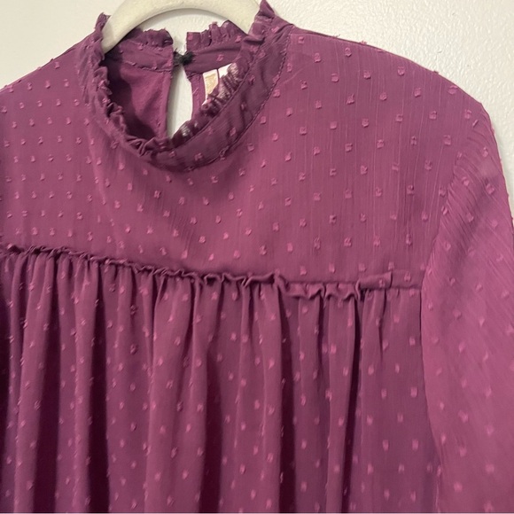 Japna Large Plum Dark Purple Long Sleeve Mini Dress Swiss Dot Mockneck Keyhole - Picture 4 of 9